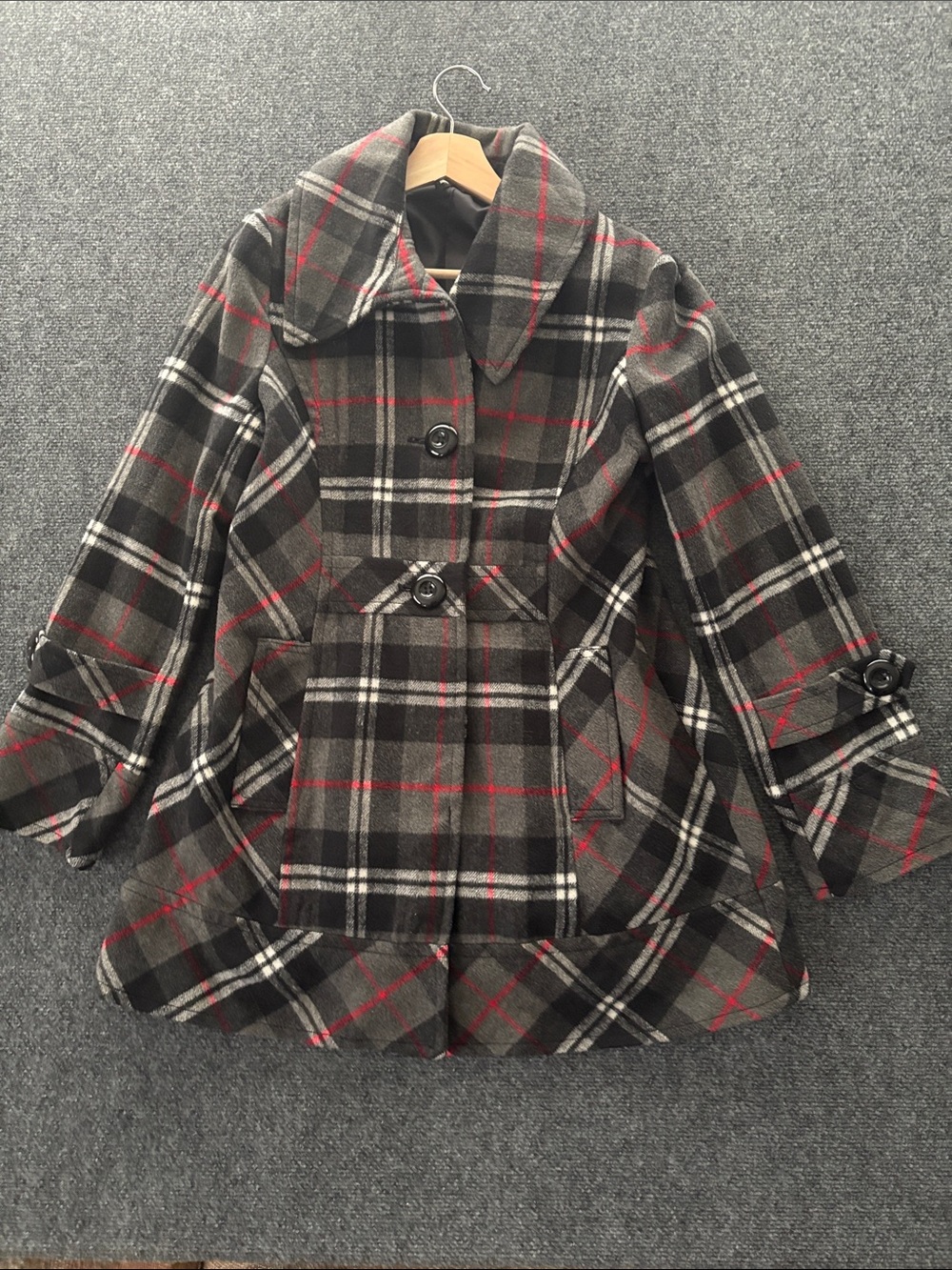 Ambition Gray & Black Plaid Peacoat with Red Accents
Size: Petite Medium